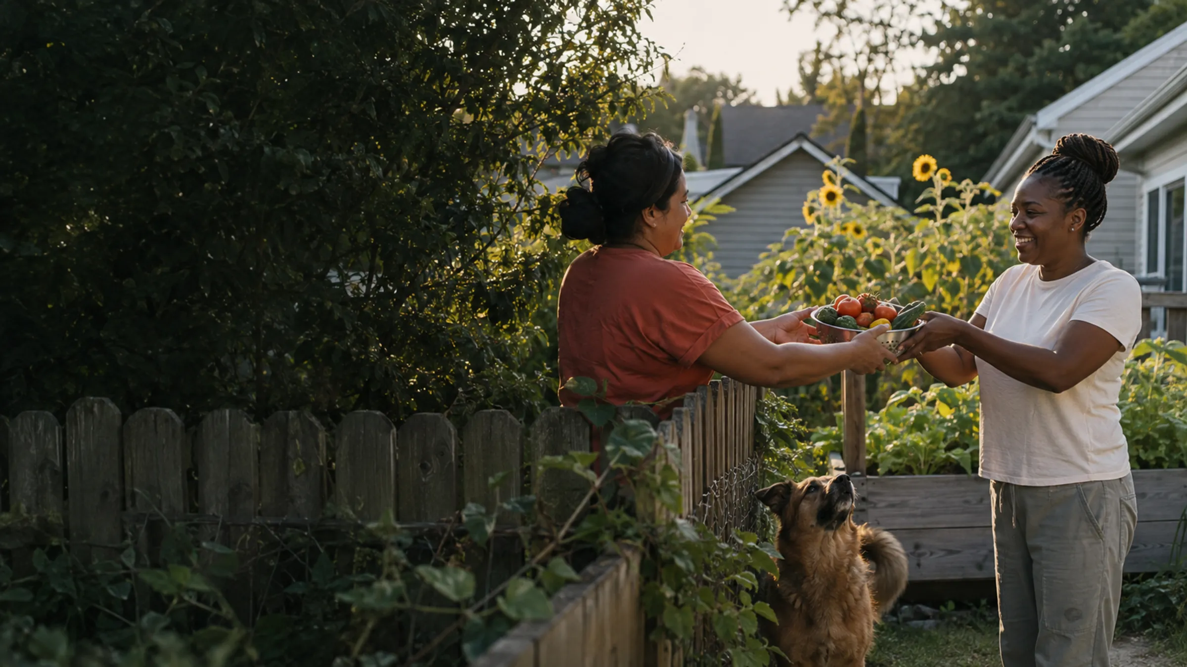 Neighbors trading just-picked vegetables over a backyard fence on a summer evening